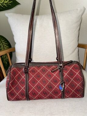 Dooney & Bourke Vintage Red Signature Logo Canvas Barrel Shoulder Bag Brown Trim
